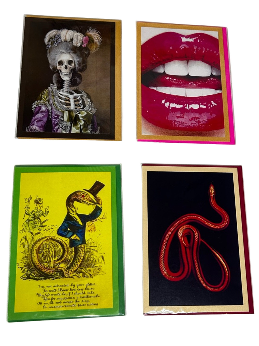 NWT Set of 4 Bold Art Prints Greeting Cards-Skull, Glossy Pink Lips, Red Snake